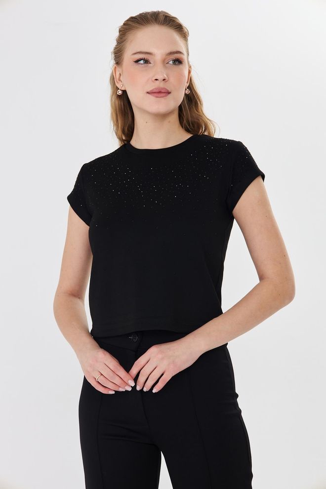 Sortie Collection Black Elegant Glam Tshirt With Sequined Detail Wholesale Clothing Glam