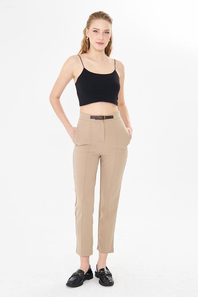 Sortie Collection Beige Tapered Cropped Pants With High Waist Wholesale Clothing Casual