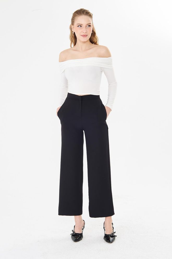 Sortie Collection Pantalón Culotte Negro Elegante Formal Pierna Ancha Largo Cintura Alta Ropa al por mayor Casual