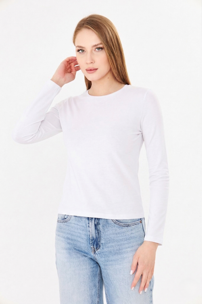 Sortie Collection Įgulos Kaklo Medvilnės Ilgomis Rankovėmis Pagrindinis Šukuoti Marškinėliai Palaidinė Ecru Didmeninė prekyba drabužiais 0