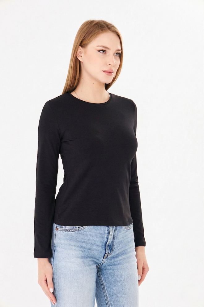 Sortie Collection Įgulos Kaklo Medvilnės Ilgomis Rankovėmis Pagrindinis Šukuoti Marškinėliai Palaidinė Juoda Didmeninė prekyba drabužiais 0