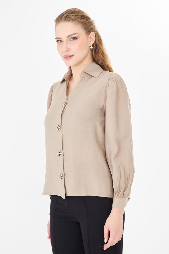 Sortie Collection Bej Zarif Düğmeli Gömlek Karpuz Kollu Toptan Giyim Gündelik