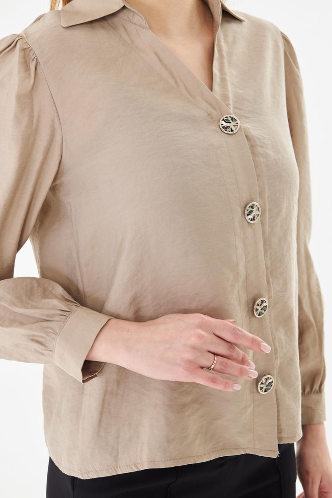 Sortie Collection Bej Zarif Düğmeli Gömlek Karpuz Kollu Toptan Giyim Ev Hali