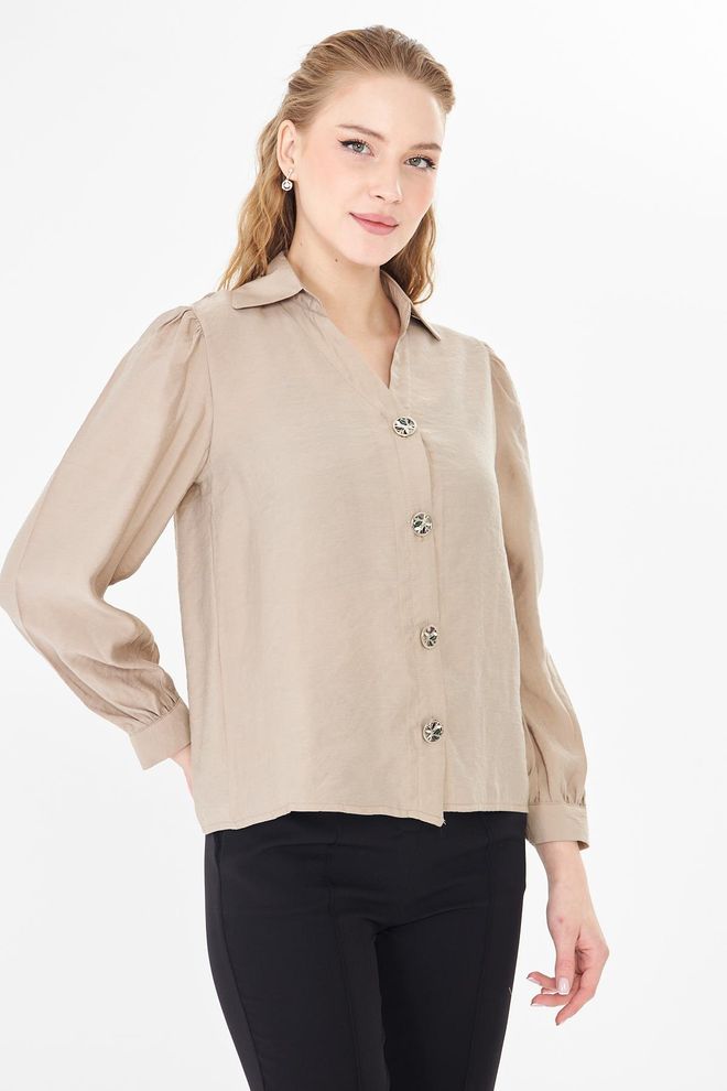 Sortie Collection Bej Zarif Düğmeli Gömlek Karpuz Kollu Toptan Giyim 5