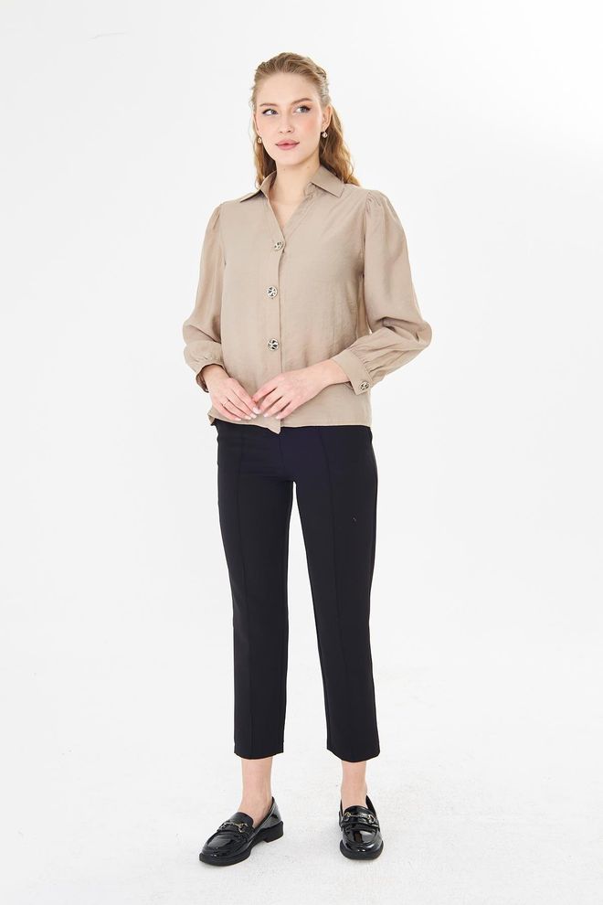 Sortie Collection Bej Zarif Düğmeli Gömlek Karpuz Kollu Toptan Giyim Bahar