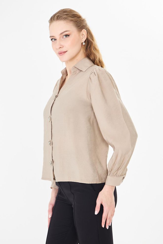 Sortie Collection Bej Zarif Düğmeli Gömlek Karpuz Kollu Toptan Giyim İş