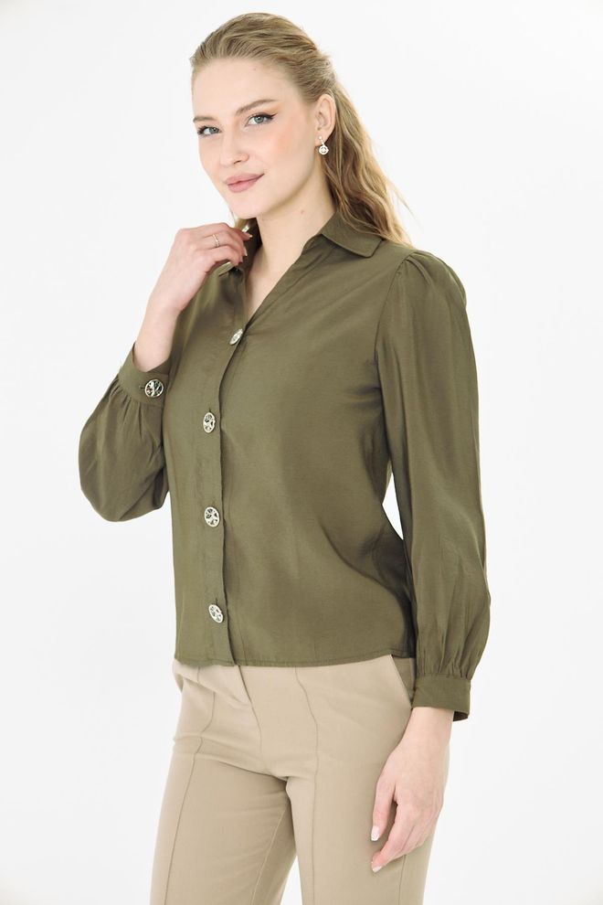 Sortie Collection Haki Zarif Düğmeli Uzun Kollu Gömlek Toptan Giyim 5