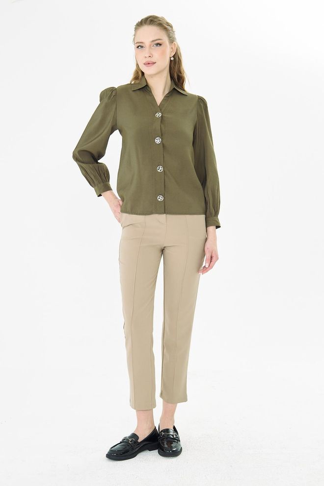 Sortie Collection Haki Zarif Düğmeli Uzun Kollu Gömlek Toptan Giyim Bahar