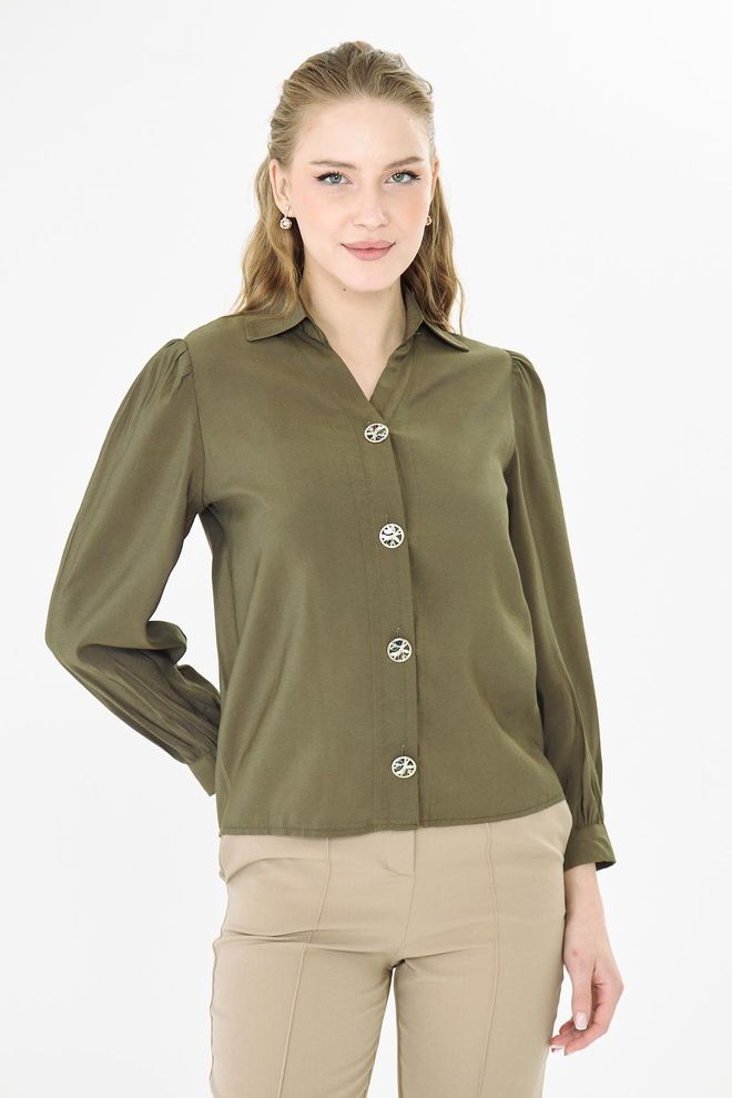 Sortie Collection Haki Zarif Düğmeli Uzun Kollu Gömlek Toptan Giyim Doğum Günü