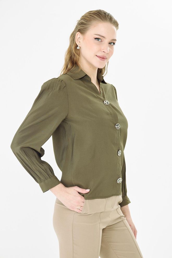 Sortie Collection Haki Zarif Düğmeli Uzun Kollu Gömlek Toptan Giyim Sonbahar