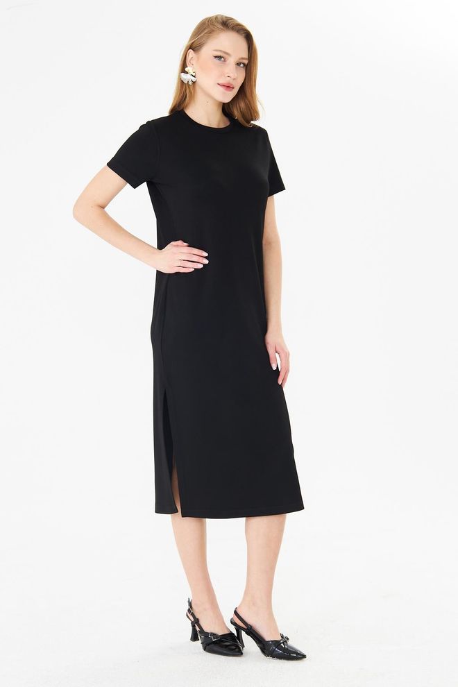 Sortie Collection Čierne Šaty Shift S Krátkym Rukávom A Okrúhlym Výstrihom Veľkoobchod s oblečením Neformálny