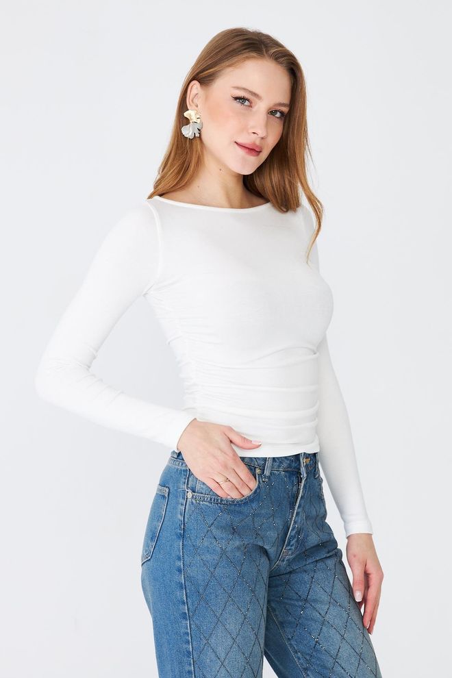 Sortie Collection White Blouse With Boat Neck And Slim Fit Wholesale Clothing 1