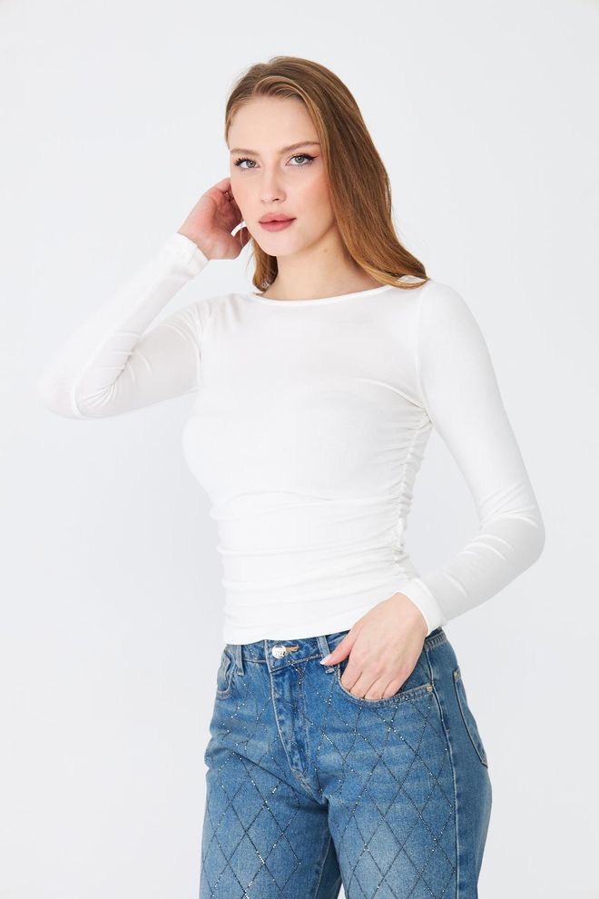Sortie Collection White Blouse With Boat Neck And Slim Fit Wholesale Clothing Casual