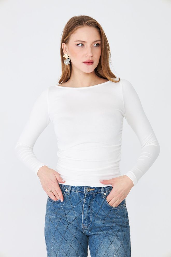 Sortie Collection White Blouse With Boat Neck And Slim Fit Wholesale Clothing Spring