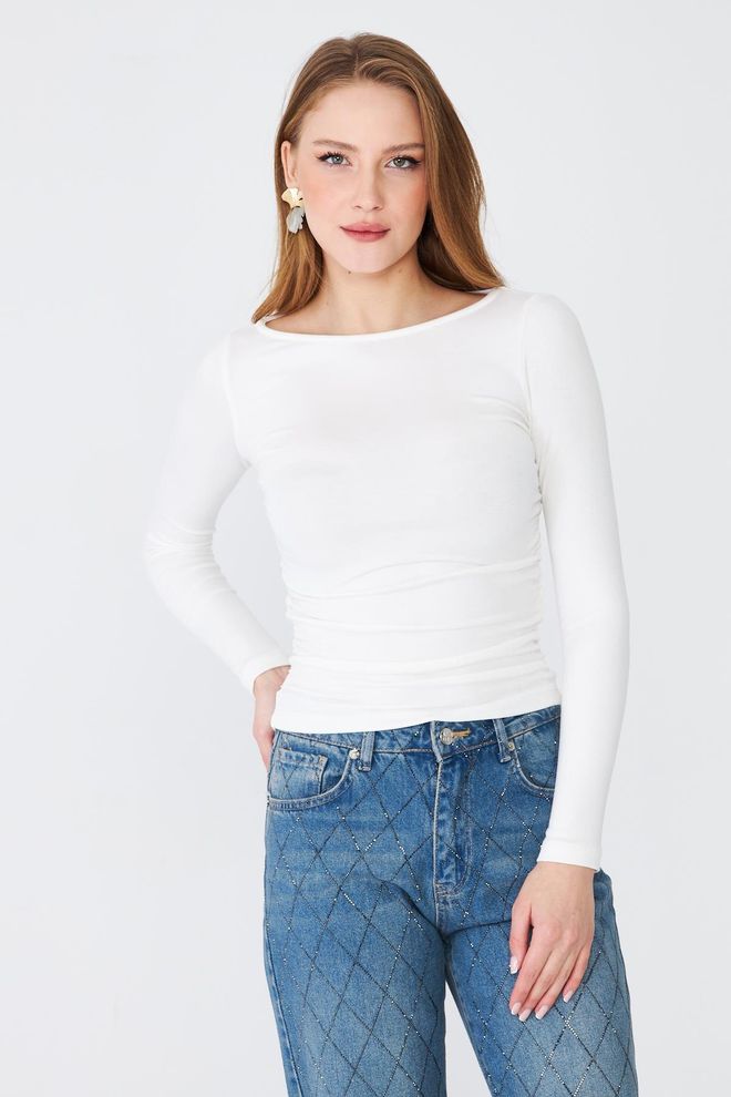 Sortie Collection White Blouse With Boat Neck And Slim Fit Wholesale Clothing Modest