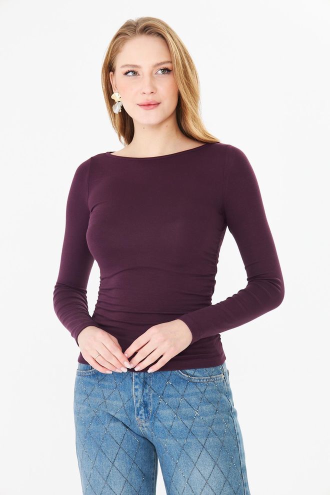 Sortie Collection Claret Red Blouse With Slim Fit And Boat Neck Wholesale Clothing Spring