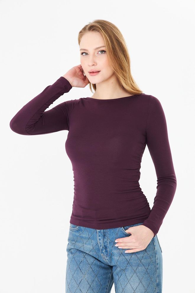 Sortie Collection Claret Red Blouse With Slim Fit And Boat Neck Wholesale Clothing Sexy