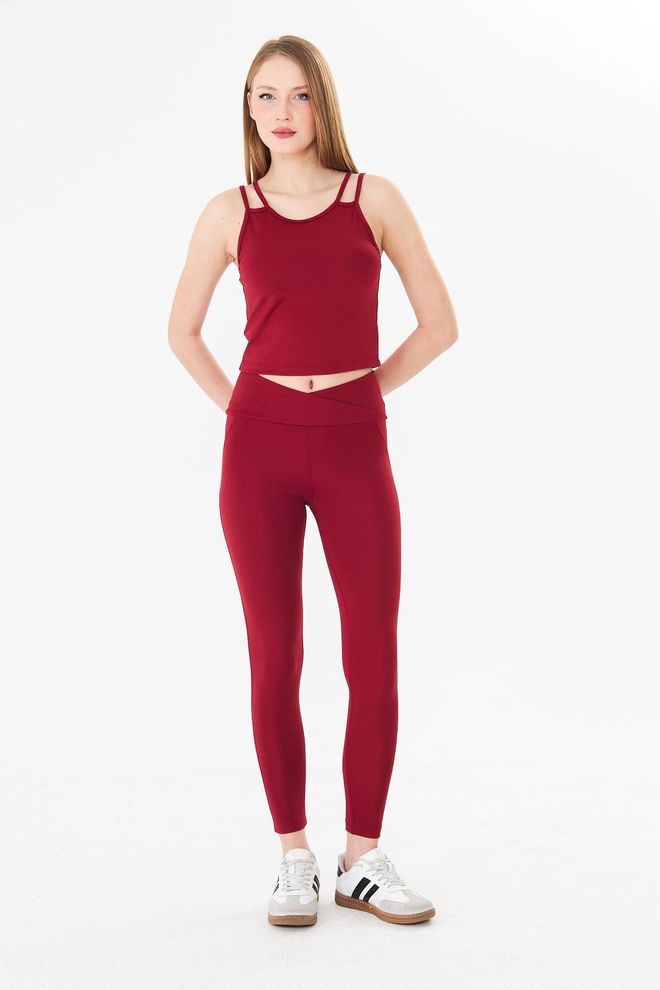 Sortie Collection Claret Red Leggings With High Waist And Zipper Pocket Wholesale Clothing Spring