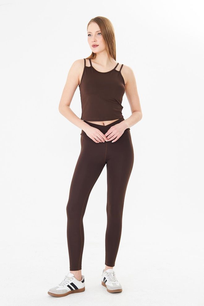 Sortie Collection Brown Sport Casual Leggings With Zipper Pocket Wholesale Clothing Spring