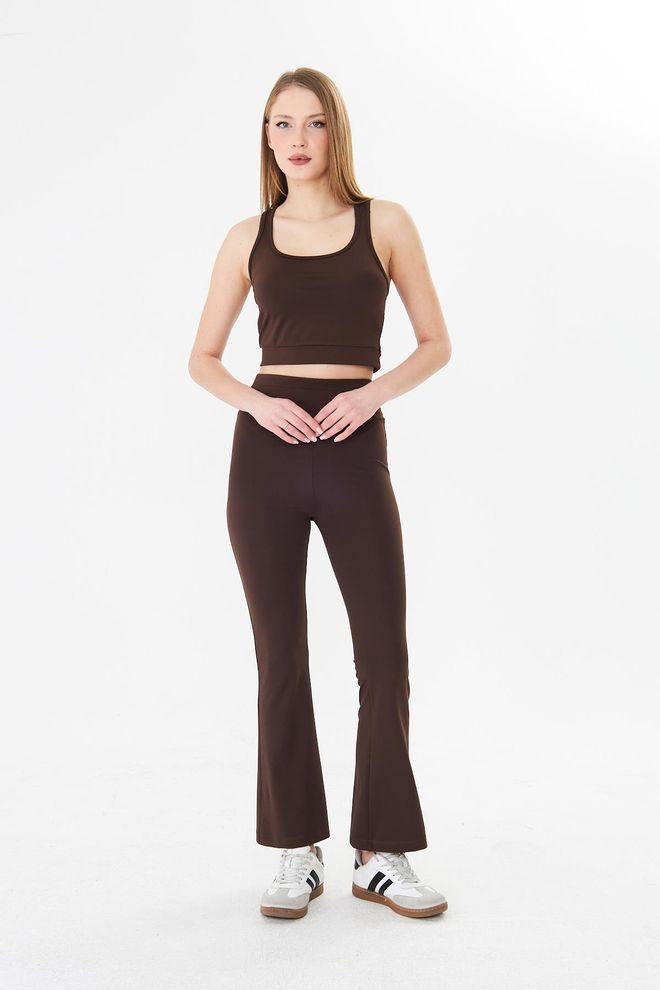 Sortie Collection Brown Casual Sport Leggings High Waist Flare Leg Long Wholesale Clothing Spring