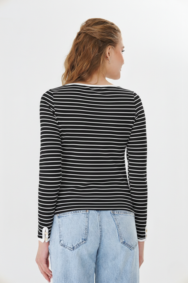 Sortie Collection Black Striped Crew Neck Casual Blouse Wholesale Clothing 1