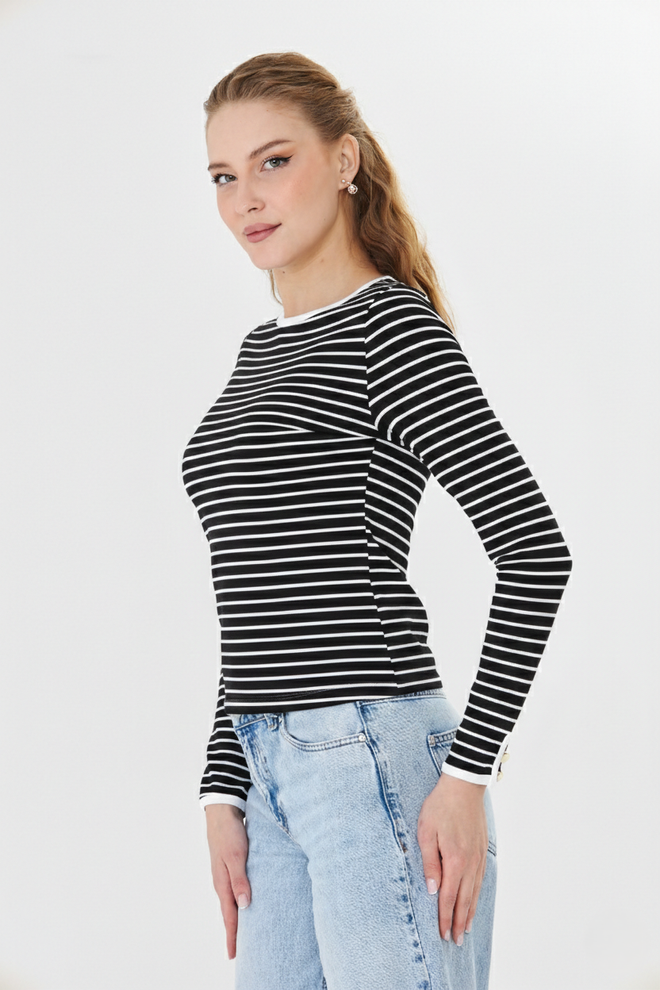 Sortie Collection Black Striped Crew Neck Casual Blouse Wholesale Clothing Spring