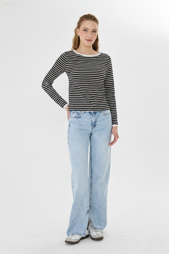 Sortie Collection Black Striped Crew Neck Casual Blouse Wholesale Clothing Lounge