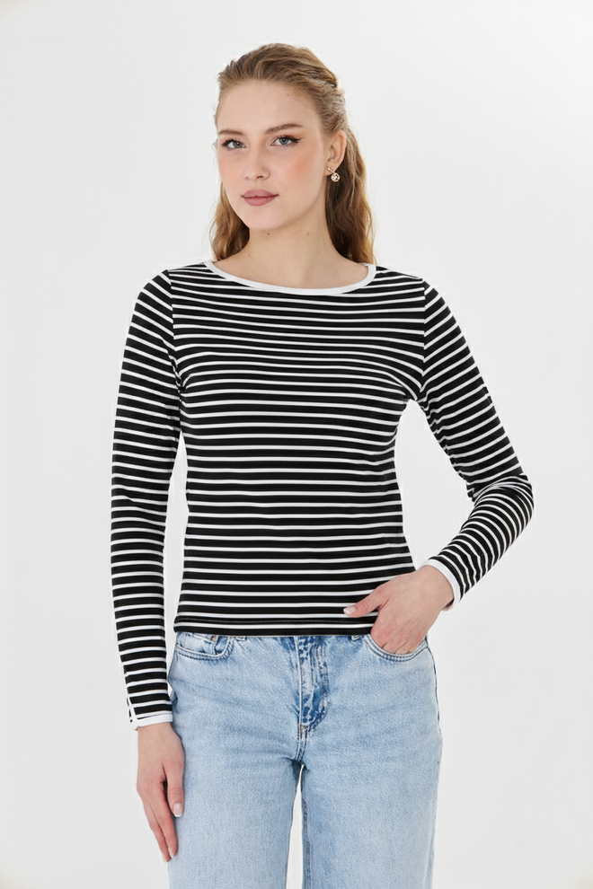 Sortie Collection Black Striped Crew Neck Casual Blouse Wholesale Clothing 5