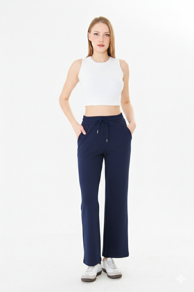 Sortie Collection Navy Blue Sweatpants Wide Leg Jogger High Waist Wholesale Clothing Sport