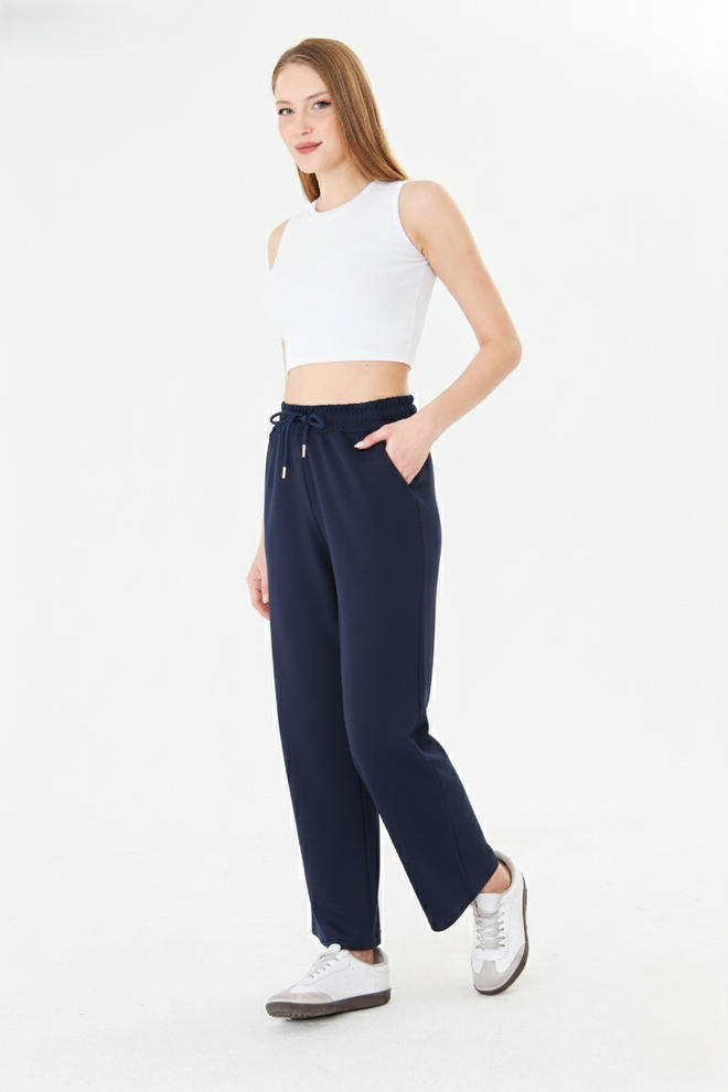 Sortie Collection Navy Blue Sweatpants Wide Leg Jogger High Waist Wholesale Clothing Spring