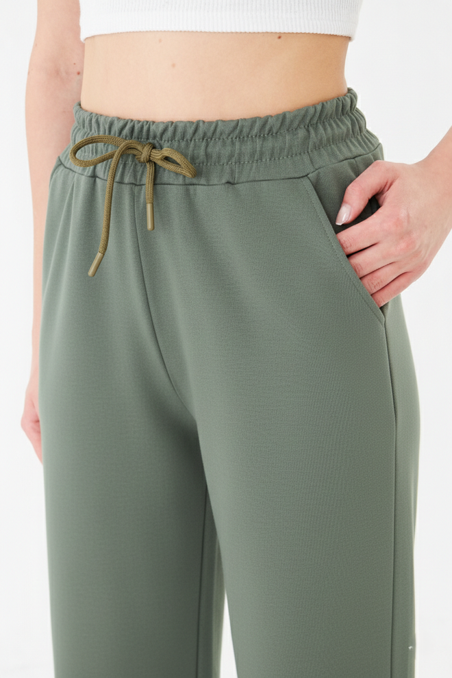 Sortie Collection High Waist Loose Leg Lace up Modal Sweatpants Khaki Wholesale Clothing 2