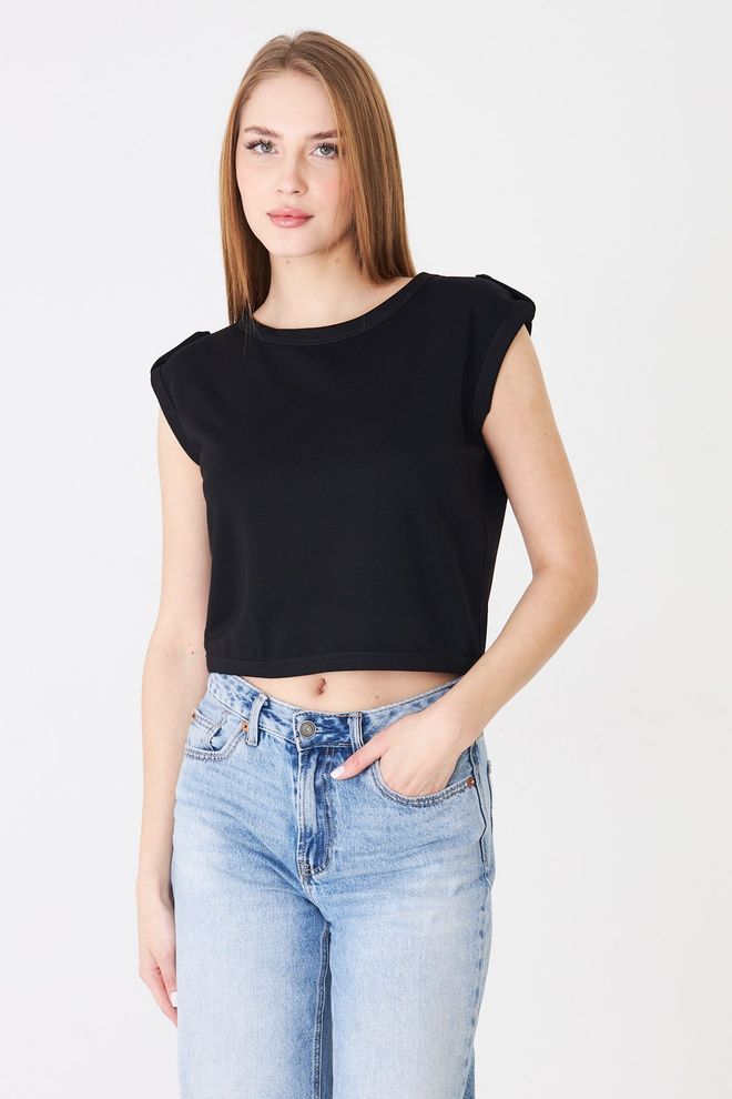 Sortie Collection Schwarzes Lässiges Ärmelloses Crop T Shirt Großhandelskleidung Lässig