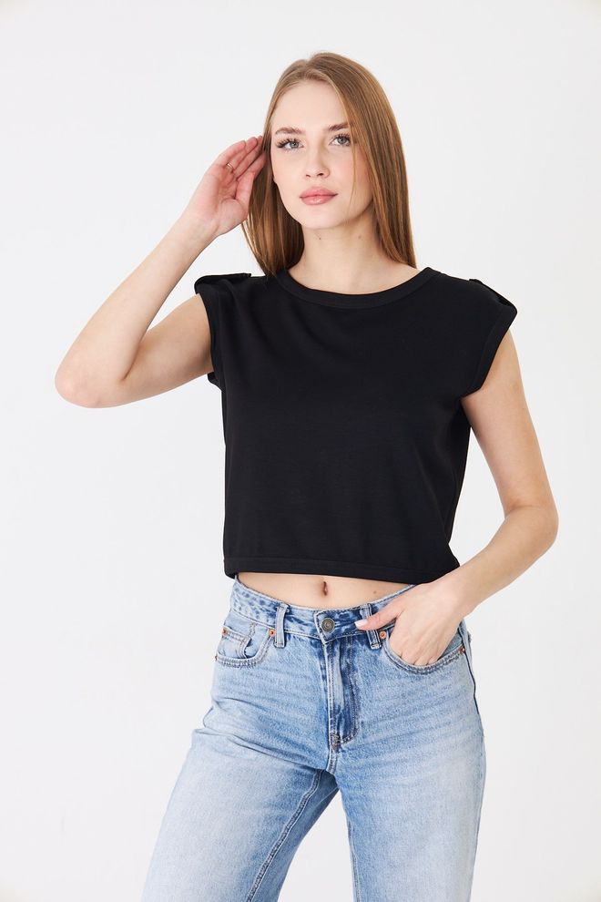 Sortie Collection Black Casual Sleeveless Crop Tshirt Wholesale Clothing Work