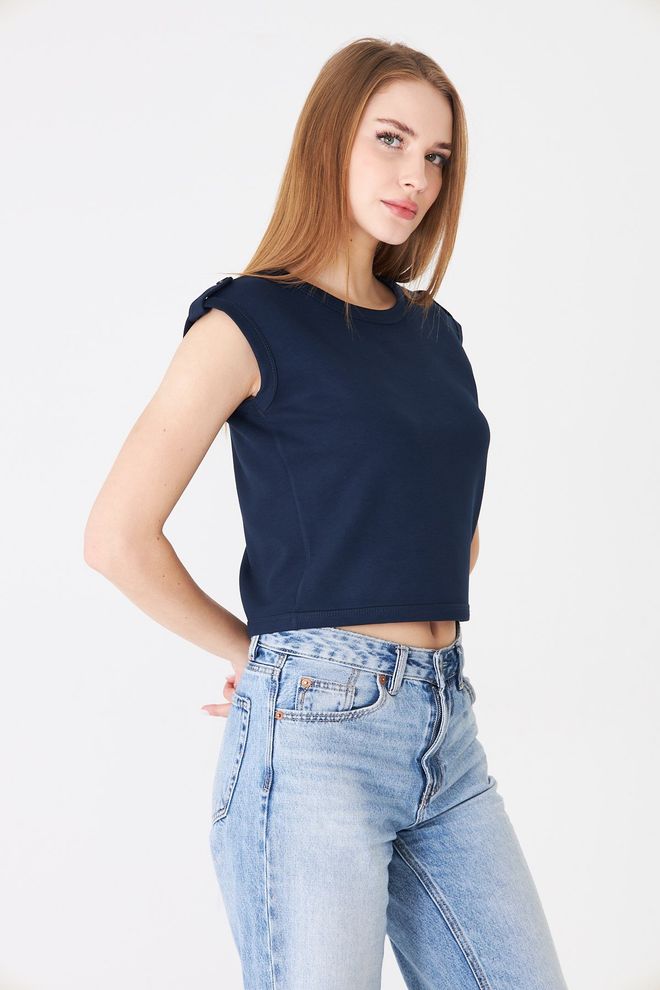 Sortie Collection Blu Navy Maglietta Senza Maniche Corta Casual Abbigliamento all'ingrosso Lavoro