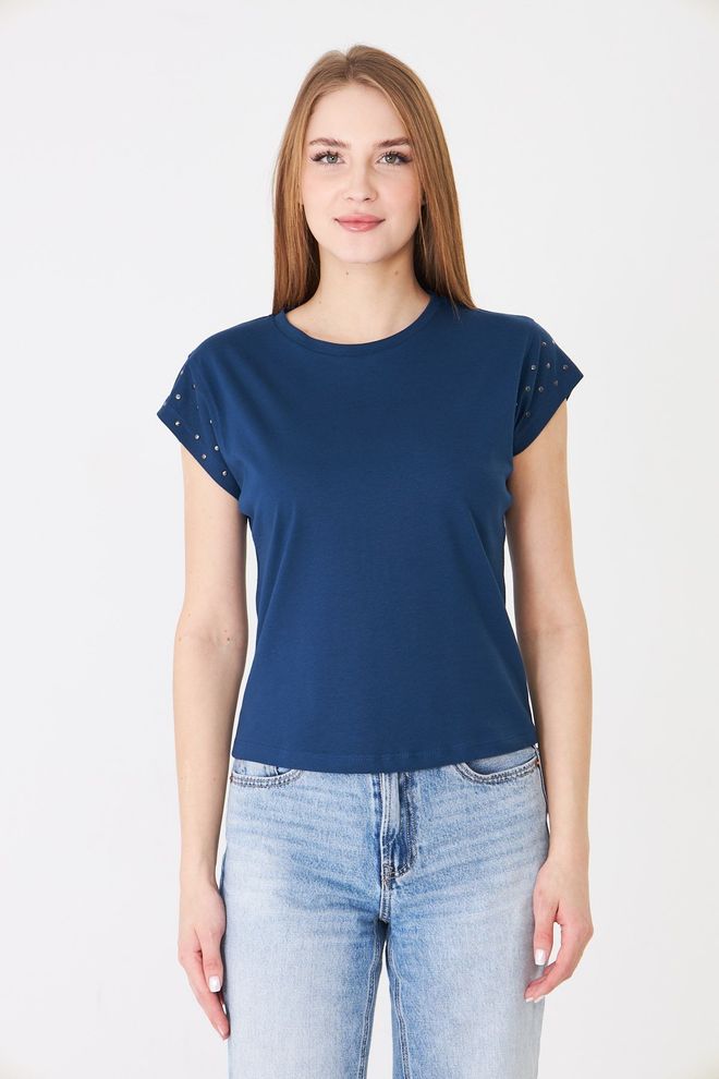 Sortie Collection Marineblau T Shirt Lässig Streetwear Kappenärmel Großhandelskleidung Lässig