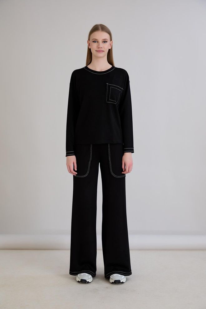 Sortie Collection Črni Casual Set Z Palazzo Širokimi Hlačami Oblačila na debelo Ležerno