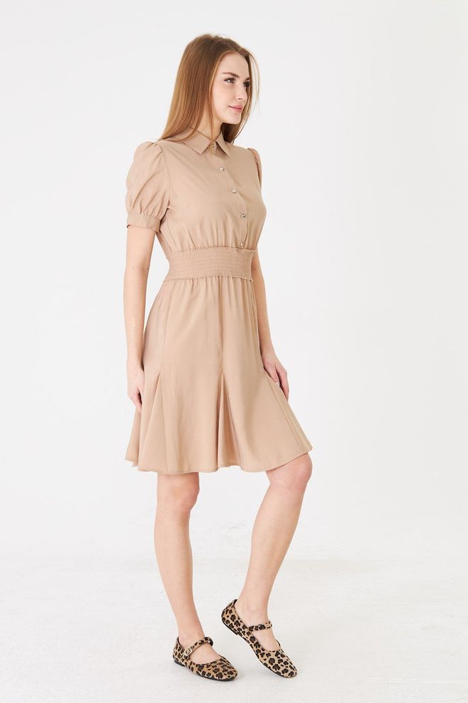 Sortie Collection Beige Casual Preppy Shirt Dress With Puff Sleeves Wholesale Clothing 5