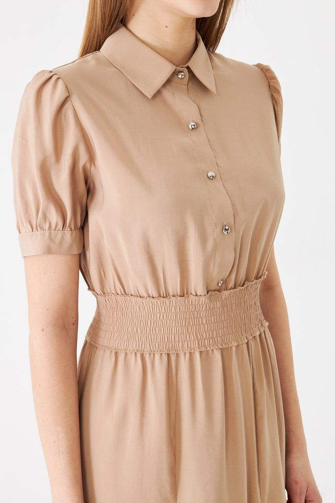 Sortie Collection Beige Casual Preppy Shirt Dress With Puff Sleeves Wholesale Clothing Spring