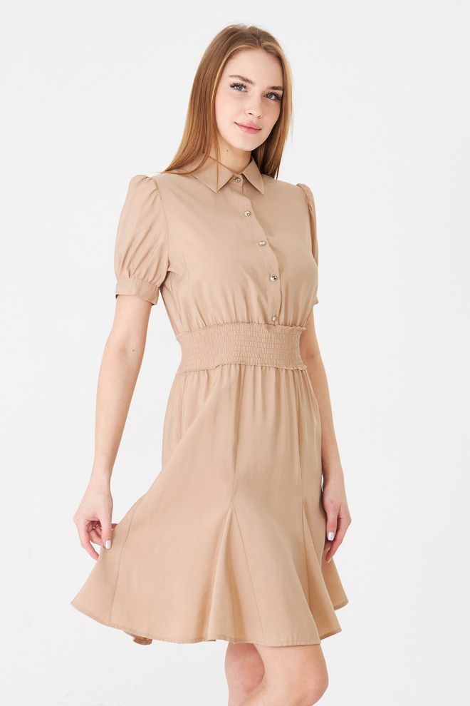 Sortie Collection Beige Casual Preppy Shirt Dress With Puff Sleeves Wholesale Clothing Work