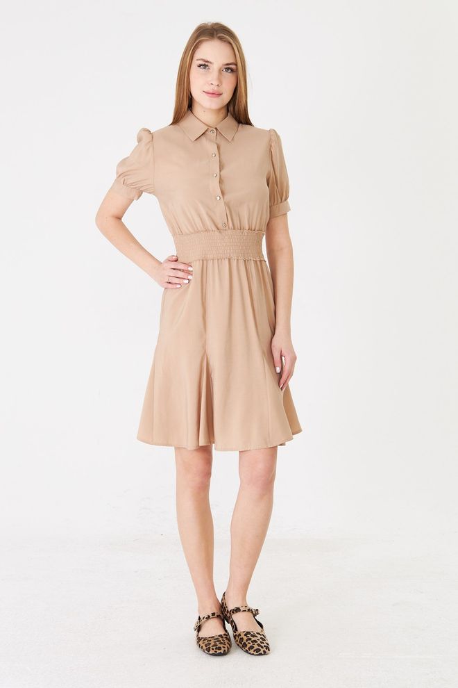 Sortie Collection Beige Casual Preppy Shirt Dress With Puff Sleeves Wholesale Clothing 1