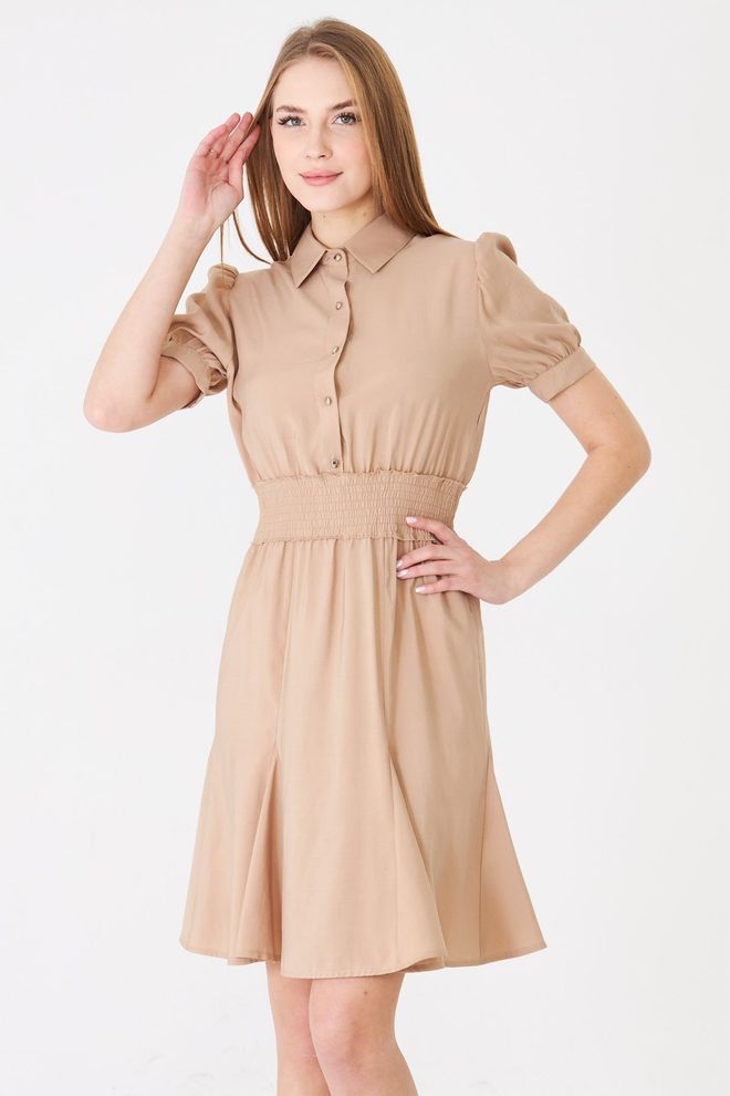 Sortie Collection Beige Casual Preppy Shirt Dress With Puff Sleeves Wholesale Clothing Preppy