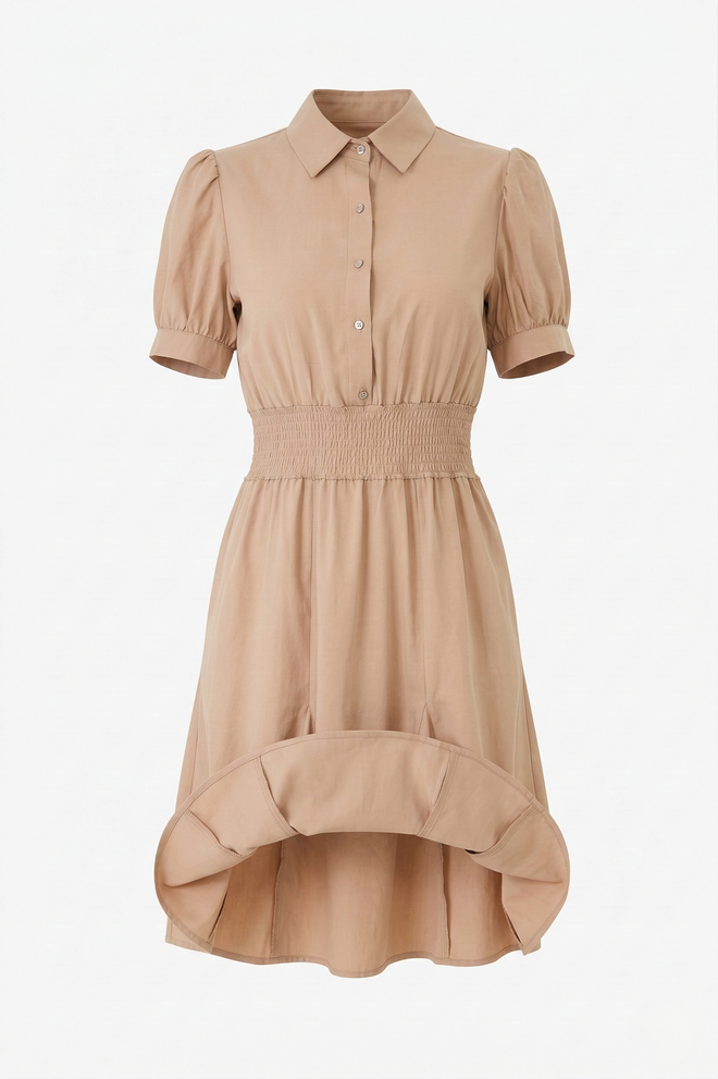 Sortie Collection Beige Casual Preppy Shirt Dress With Puff Sleeves Wholesale Clothing Casual