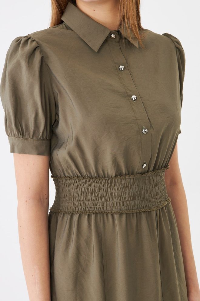 Sortie Collection Waist Gown Balloon Sleeve Shirt Dress Khaki Wholesale Clothing 3