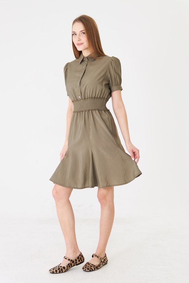 Sortie Collection Waist Gown Balloon Sleeve Shirt Dress Khaki Wholesale Clothing 4