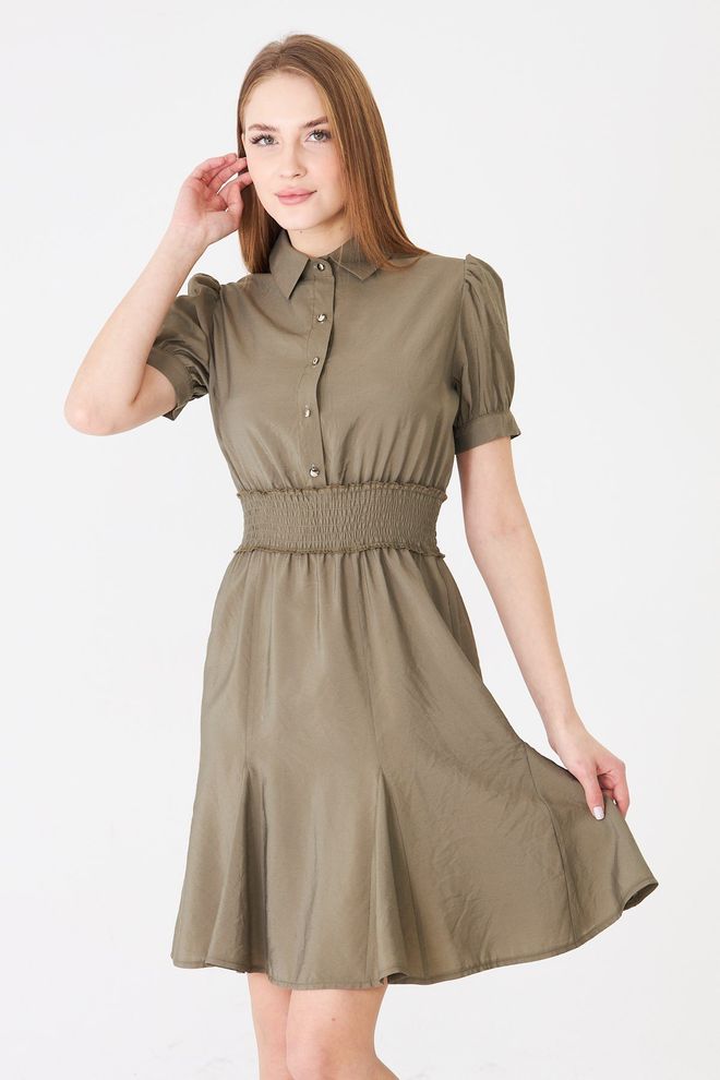 Sortie Collection Waist Gown Balloon Sleeve Shirt Dress Khaki Wholesale Clothing 1