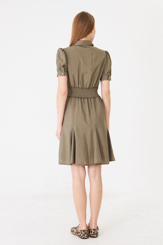 Sortie Collection Waist Gown Balloon Sleeve Shirt Dress Khaki Wholesale Clothing 2