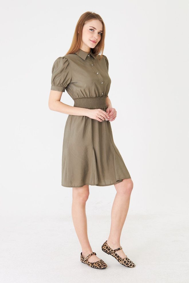 Sortie Collection Waist Gown Balloon Sleeve Shirt Dress Khaki Wholesale Clothing 5