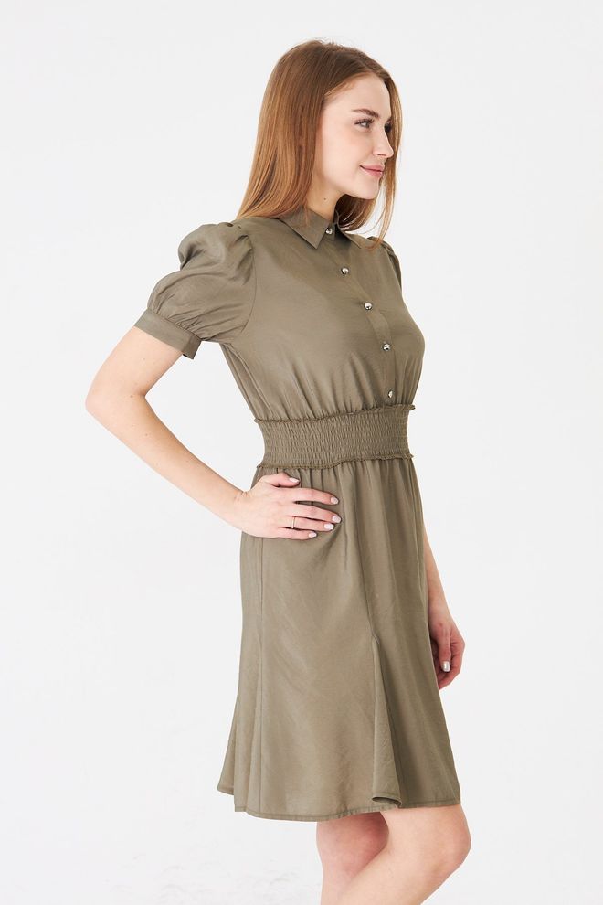 Sortie Collection Waist Gown Balloon Sleeve Shirt Dress Khaki Wholesale Clothing 6