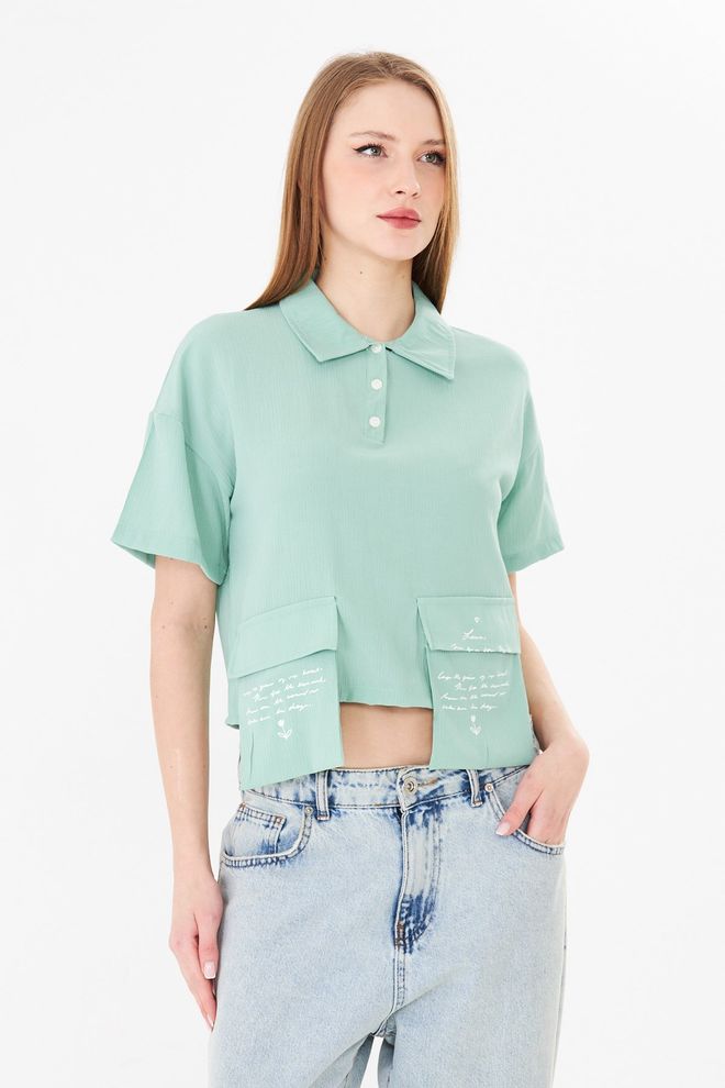Sortie Collection Green Casual Crop Blouse With Polo Neck Wholesale Clothing 1