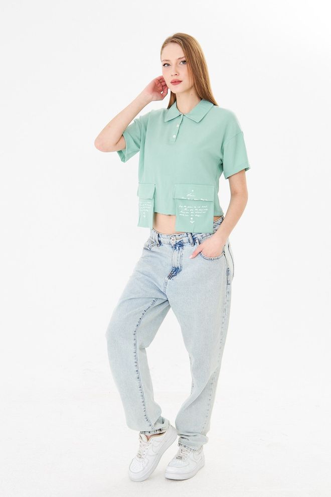 Sortie Collection Green Casual Crop Blouse With Polo Neck Wholesale Clothing Sport
